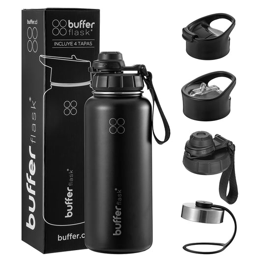 Botella Térmica Buffer Acero Inoxidable 700Ml +4 Tapas Negro