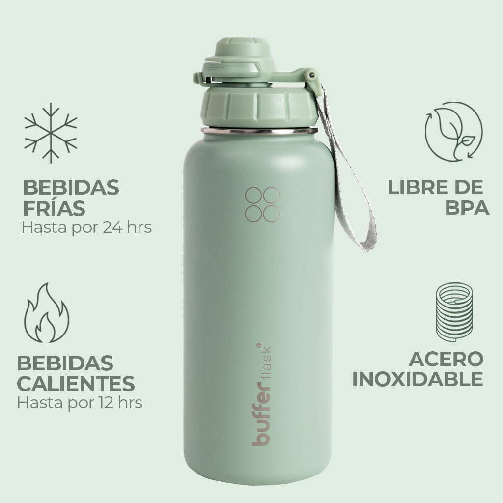 Botella Térmica Buffer Acero Inoxidable 950ml + 4 Tapas Verde